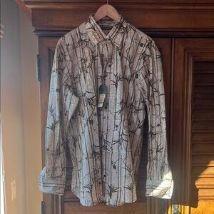 Tommy Bahama Island Soft Button Down Shirt Brown and White Topical patter.